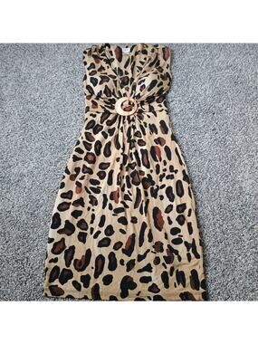 Cache Leopard Animal Print Vintage Y2K Bodycon Dress Size 4 Spandex Line Low Cut